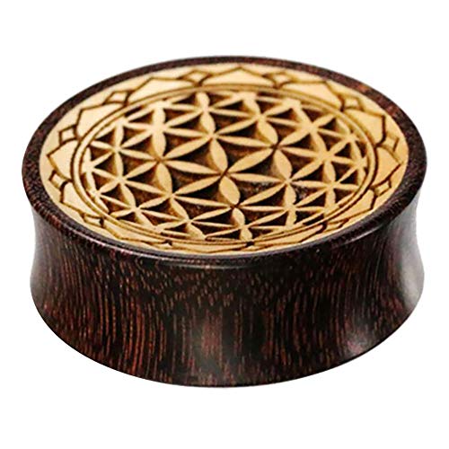 CHICNET Damen Herren Lobe Plug Flesh Tunnel aus dunklem Tamarindenholz und hellem Krokodilholz mit Gravur der Blume des Lebens mit Zacken Rand, Double Flared von CHICNET