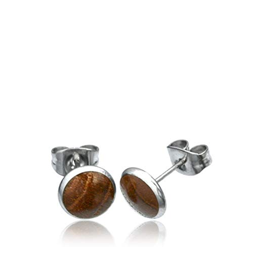 Chic-Net Damen Herren Ohrstecker aus Edelstahl mit Stein Holz Muschel in Silber 8mm rund Ohr Schmuck Scheibe Chirurgenstahl Holz braun von CHICNET