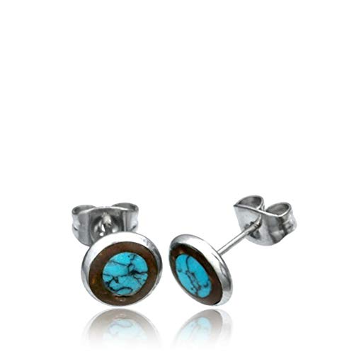 Chic-Net Damen Herren Ohrstecker aus Edelstahl mit Stein Holz Muschel in Silber 8mm rund Ohr Schmuck Scheibe Chirurgenstahl Türkis von CHICNET