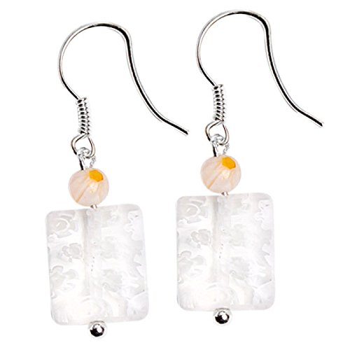 Chic-Net Muranoglas Ohrringe 18 mm Perle Rechteck weiß Blumen 925er Sterling Silber Glas von CHICNET