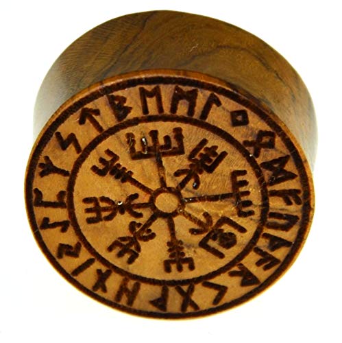 Flesh Holz Plug Vegvisir Viking Wikinger Kompass mit Runen Ring, double flared Tunnel Expander Dehner aus Teakholz in braun, Lobes Piercing mit Laser Gravur für Damen und Herren,10mm - 20mm 08 mm von CHICNET