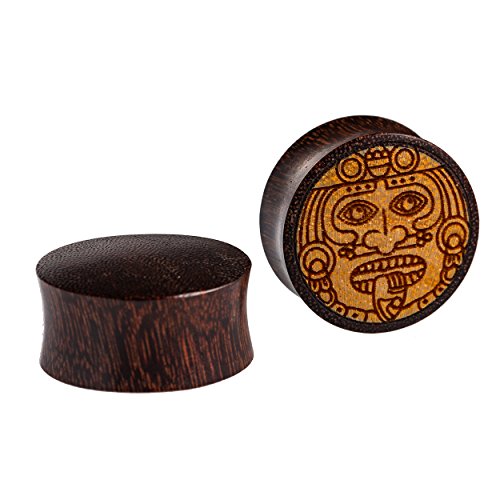 Flesh Plug Krieger Maske Zunge Gravur Holz Tamarinde Jackfrucht double flared Tunnel Expander Dehner | unisex Lobe Piercing Damen Herren Kämpfer | braun hell dunkel Organic Ohrring Ohrstecker 20 mm von CHICNET