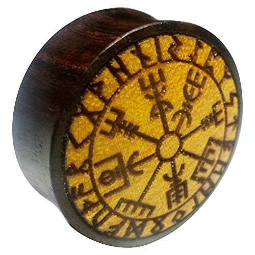 CHICNET Flesh Plug Vegvisir Runen Kreis Holz Sonoholz Jackfrucht Double Flared Tunnel Expander Dehner |Lobe Piercing Damen Herren braun hell dunkel | Dehnstäbe Handarbeit Wikinger Kompass Viking von CHICNET