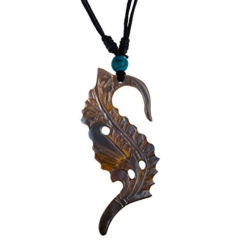 Halskette Perlmutt verstellbar Baumwolle Muschel Kette handgeschnitzt Türkis Stein | Herren Damen Surfer Anhänger weiß braun grau bunt Black Shell | Spirale Flügel Farn Ornament Zackenrad Farn-Blatt von CHICNET