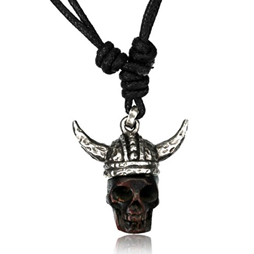 Kette Brass Baumwolle Holz Skull dunkel Anhänger Viking Wikinger Helm verstellbar |Damen Herren unisex Halskette Schädel Totenkopf Vintage Retro |Kinder Erwachsene Modeschmuck Hals| dunkelbraun silber von CHICNET