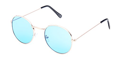 Sonnenbrille rund gold silber 400UV getönt klar Metallgestell bunt 70er jahre unisex Damen Herren Brillen Klarglas Hippie Retro Vintage Trend Designer leicht verspiegelte Sonnenbrillen (blau gold) von CHICNET