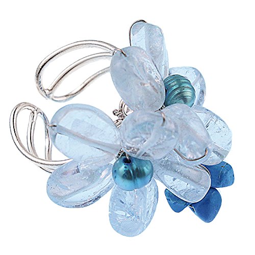 Steinring versilberter Ring blau hellblau Türkis Blumen Perlen verstellbar handgefertigt Dirndl Perlenring Steinringe Damenringe Fingerringe Damen Frauen Mädchen groß Ringe Doppel Blume Blumenring von CHICNET