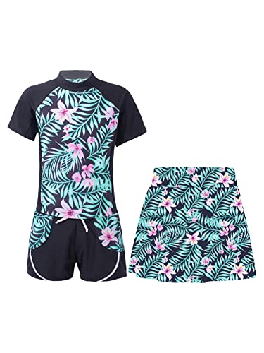 CHICTRY 3tlg Badeanzug Kinder Mädchen Kurzarm Badeshirt Hawaii Motiv Badeshorts Mit Stretch Schwimmrock UV Schutz Schwimmanzug Sommer Beachwear Schwarz 170-176 von CHICTRY