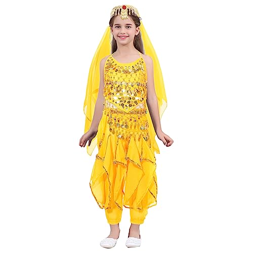 CHICTRY 5 / 4Pcs Kinder Mädchen Bauchtanz Kostüm Bauchtänzerin Indien Tanzkostüm Tanzkleidung Set aus Glitzer Pailletten Dancewear Gelb B 134-152 von CHICTRY