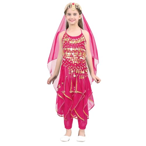 CHICTRY 5 / 4Pcs Kinder Mädchen Bauchtanz Kostüm Bauchtänzerin Indien Tanzkostüm Tanzkleidung Set aus Glitzer Pailletten Dancewear Hot Pink B 104-110 von CHICTRY
