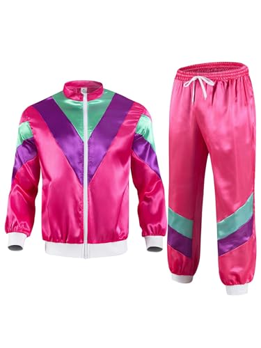 CHICTRY 90er 80er Jahre Outfit Herren Damen Trainingsanzug Jacke Hose Anzug Schlagerparty Bad Taste Outfit Karneval Fasching Hot Pink M von CHICTRY