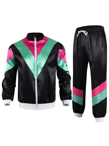 CHICTRY 90er 80er Jahre Outfit Herren Damen Trainingsanzug Jacke Hose Anzug Schlagerparty Bad Taste Outfit Karneval Fasching Schwarz XL von CHICTRY