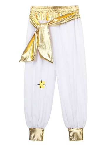 CHICTRY Arabische Hose Für Kinder Junge Orient Prinz Kostüm Metallic Patchwork Hose Leggings Zum Binden Vorne Mottoparty Outfits Weiß 170 von CHICTRY