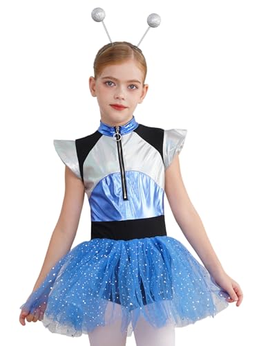 CHICTRY Astronaut Kostüm Mädchen Kinder Metallic Ballettkleid Stehkragen Tanzkleid Mit Tüllrock Alien Stirnband Space Girl Outfit Für Halloween Karneval Blau 158-164 CHICTRY Astronaut Kostüm Mädchen Kinder Metallic Ballettkleid Stehkragen Tanzkleid Mit Tüllrock Alien Stirnband Space Girl Outfit Für Halloween Karneval Blau 158-164 von CHICTRY