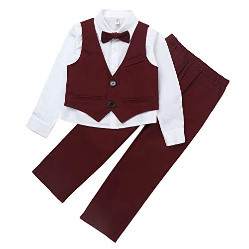 CHICTRY Baby Jungen Bekleidungssets Baumwolle Hemd & Weste & Hose Smoking Gentleman Anzug Festliche Party Hochzeit Tauf Kleidung Z Burgundy B 122-128 von CHICTRY