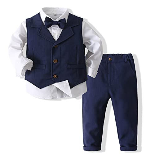 CHICTRY Baby Jungen Bekleidungssets Baumwolle Hemd & Weste & Hose Smoking Gentleman Anzug Festliche Party Hochzeit Tauf Kleidung Z Navy Blau G 86-92 von CHICTRY