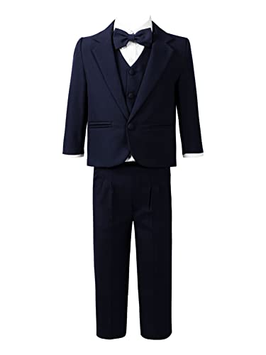 CHICTRY Baby Jungen Gentleman Smoking Anzug Langarm Jacke + Hemd + Weste + Hosen + Krawatte für Festlich Taufe Hochzeit Gr. 74-104 Navy Blau 146-152 von CHICTRY