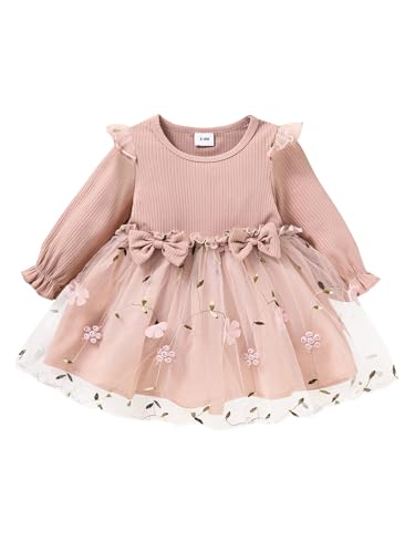 CHICTRY Baby Mädchen Strickkleid Rüschen Langarm Partykleid Hochzeit Taufe Kleider Mit Schleife Und Blumenspitze Tüll Schicht Prinzessin Geburtstag Outfit Rosa 62-68 von CHICTRY