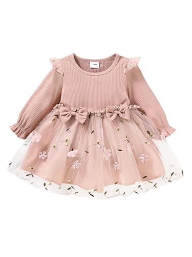CHICTRY Baby Mädchen Strickkleid Rüschen Langarm Partykleid Hochzeit Taufe Kleider Mit Schleife und Blumenspitze Tüllschicht Prinzessin Geburtstag Outfit Rosa 68-74 von CHICTRY