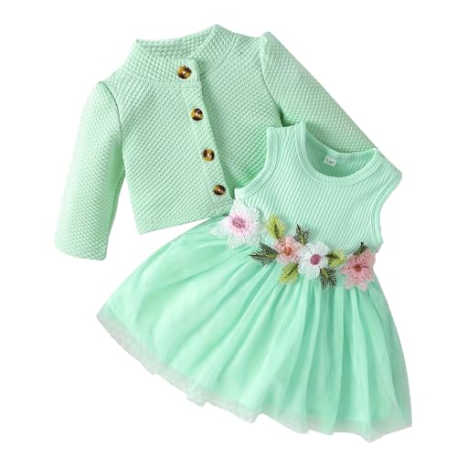 CHICTRY Baby Mädchen Taufkleid Mit Strickjacke Kinder Taufanzug Ärmellos Partykleid Festlich Einfarbig Abendkleid Blumenspitze Cardigan Jacke Lang Outfits Grün F 62-68 von CHICTRY