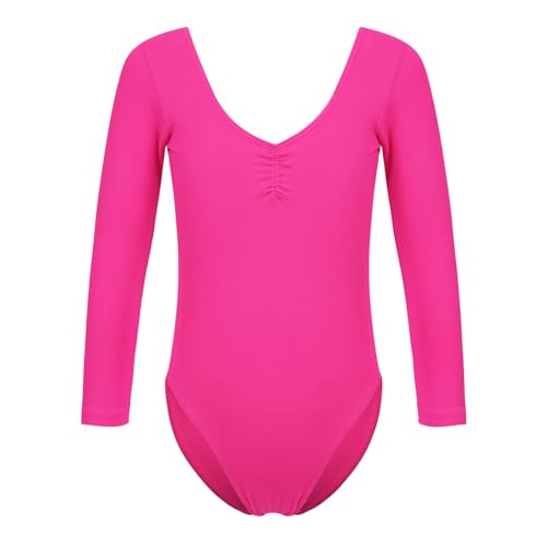 CHICTRY Ballett Body Mädchen Langarm Einfarbig Ballettanzug Ohne Rock Stehkragen Tanzbody Gymnastik Bodysuit Stretch Dancewear Gr. 98-152 B Hot Pink 122-128 von CHICTRY