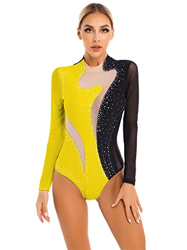 CHICTRY Ballettanzug Damen Langarm Stehkragen Ballett Body Strass Glitzer Trikot Mesh Patchwork Leotard Mit Cut Out Eiskunstlauf Anzug Tanzkostüm Schwarz Gelb L von CHICTRY