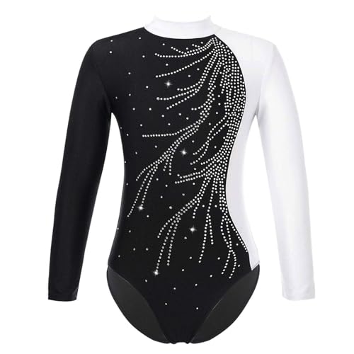 CHICTRY Ballettanzug Mädchen Langarm Strass Glitzer Ballett Trikot Leotard Gymnastics Stehkragen Eislauf Body Patchwork Overall Jumpsuit Tanzkleidung Weiß 158-164 von CHICTRY