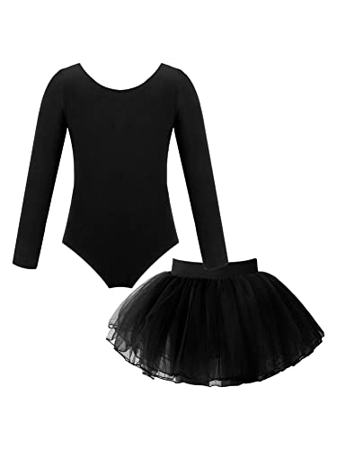 CHICTRY Ballettanzug Mit Tüllrock Kinder Mädchen Ballerina Kleid Kostüm Langarm Ballett Body Rundhals Trikot Prinzessin Tutu Rock Tanzrock Tanzkleidung Schwarz 122-128 von CHICTRY