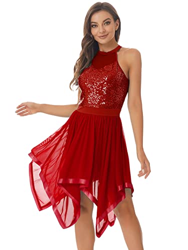 CHICTRY Ballettkleid Damen Glitzer Ärmellos Tanzkleid Mit Pailletten Neckholder Tanzbody Rückenfrei Trikot Asymetrisch Tüllrock Dancewear Burgundy XL von CHICTRY