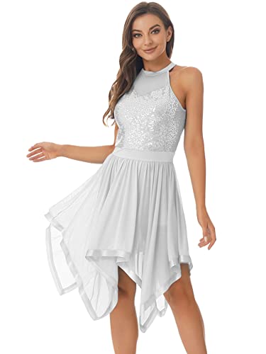 CHICTRY Ballettkleid Damen Glitzer Ärmellos Tanzkleid Mit Pailletten Neckholder Tanzbody Rückenfrei Trikot Asymetrisch Tüllrock Dancewear Weiß XL von CHICTRY