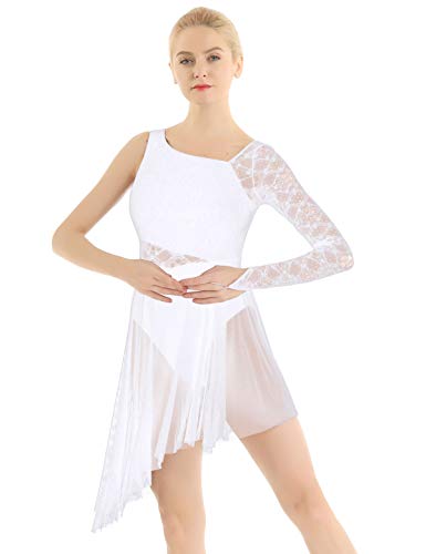 CHICTRY Ballettkleid Damen Spitze Eiskunstlauf Kleid EIN Schulter Ballettanzug Patchwork Ballett Body Trikot Mit Asymetrisch Tanzrock Dancewear Weiß XL von CHICTRY