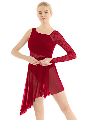 CHICTRY Ballettkleid Eiskunstlauf Damen Spitzen Kleid EIN Schulter Langarm Tanzbody Ballett Trikot Mit Unregelmäßig Rock Wickelrock Tanzbekleidung Burgundy XS von CHICTRY