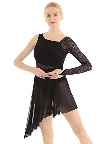 CHICTRY Ballettkleid Eiskunstlauf Damen Spitzen Kleid EIN Schulter Langarm Tanzbody Ballett Trikot Mit Unregelmäßig Rock Wickelrock Tanzbekleidung Schwarz L von CHICTRY