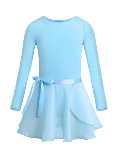 CHICTRY Ballettkleid Kinder Mädchen Langarm Tanzkleid Rundhals Ballett Body Einfarbig Trikot Mit Chiffon Wickelrock Dancewear Himmelblau 152-164 von CHICTRY