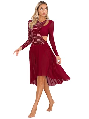 CHICTRY Ballettkleid Langarm Damen Strass Glitzer Tanzkleid Lyrisch Cut Out Ballettbody Tanztrikot Mit Asymetrisch Rock Tanzrock Wettbewerb Bekleidung Burgundy L von CHICTRY