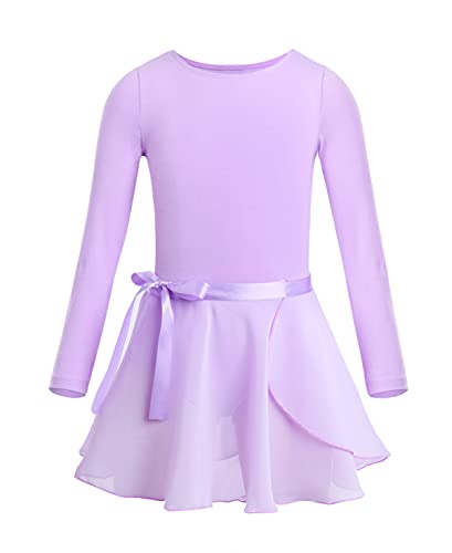 CHICTRY Ballettkleid Kinder Mädchen Langarm Tanzkleid Rundhals Ballett Body Einfarbig Trikot Mit Chiffon Wickelrock Dancewear Lavendel 128-140 von CHICTRY