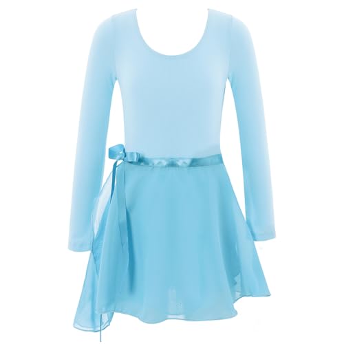 CHICTRY Ballettkleid Mädchen Kurzarm/Langarm Ballett Trikot Baumwolle Ballettanzug Kinder Ballettkleidung Set mit Chiffon Rock Gr. 92-152 A Hellblau 122-128 von CHICTRY