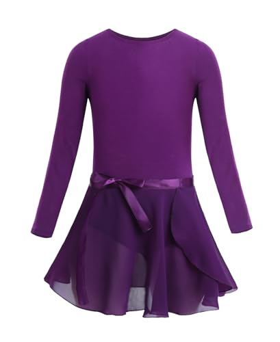 CHICTRY Ballettkleid Mädchen Kurzarm/Langarm Ballett Trikot Baumwolle Ballettanzug Kinder Ballettkleidung Set mit Chiffon Rock Gr. 92-152 A_Dunkel Lila 122-128 von CHICTRY