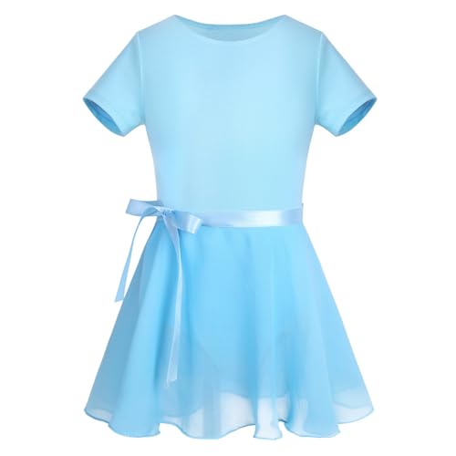 CHICTRY Ballettkleid Mädchen Kurzarm/Langarm Ballett Trikot Baumwolle Ballettanzug Kinder Ballettkleidung Set mit Chiffon Rock Gr. 92-152 X_Himmelblau 152-164 von CHICTRY