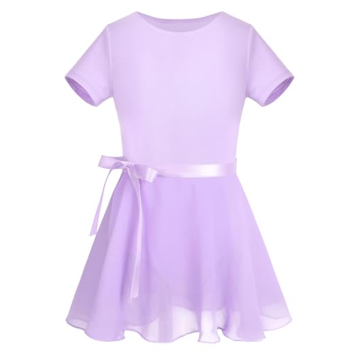 CHICTRY Ballettkleid Mädchen Kurzarm/Langarm Ballett Trikot Baumwolle Ballettanzug Kinder Ballettkleidung Set mit Chiffon Rock Gr. 92-152 X_Lavender 128-140 von CHICTRY