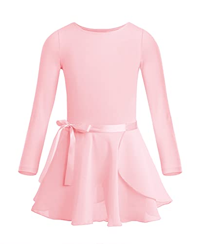 CHICTRY Ballettkleid Kinder Mädchen Langarm Tanzkleid Rundhals Ballett Body Einfarbig Trikot Mit Chiffon Wickelrock Dancewear Perle Rosa 128-140 von CHICTRY