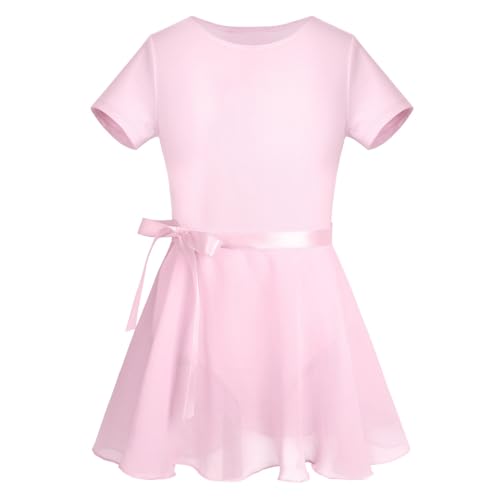 CHICTRY Ballettkleid Mädchen Kurzarm/Langarm Ballett Trikot Baumwolle Ballettanzug Kinder Ballettkleidung Set mit Chiffon Rock Gr. 92-152 X_Rosa 128-140 von CHICTRY