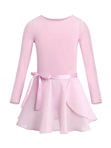 CHICTRY Ballettkleid Kinder Mädchen Langarm Tanzkleid Rundhals Ballett Body Einfarbig Trikot Mit Chiffon Wickelrock Dancewear Rosa 152-164 von CHICTRY