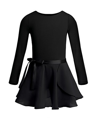 CHICTRY Ballettkleid Kinder Mädchen Langarm Tanzkleid Rundhals Ballett Body Einfarbig Trikot Mit Chiffon Wickelrock Dancewear Schwarz 128-140 von CHICTRY