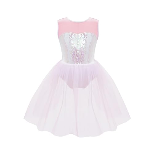 CHICTRY Ballettkleidung Mädchen Glitzer Pailletten Tanzkleid Tutu Ärmellos Ballerinas Kleid Mesh Patchwork Body Mit Tüllrock Wettbewerb Tanzkostüm Rosa 158-164 von CHICTRY