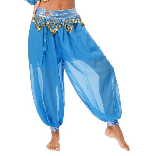 CHICTRY Bauchtanz Haremshose Damen Chiffon Tribal Arabisch Hose Pailletten Glänzend Lose Bauchtanz Kostüm Pumphose für Bauchtanz Yoga Pilates Party Himmelblau C Einheitsgröße von CHICTRY