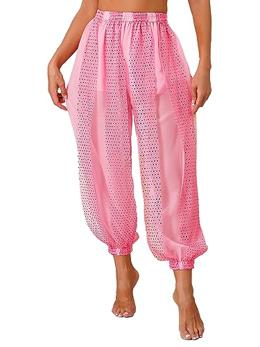 CHICTRY Bauchtanz Haremshose Damen Chiffon Tribal Arabisch Hose Pailletten Glänzend Lose Bauchtanz Kostüm Pumphose für Bauchtanz Yoga Pilates Party Rosa A Einheitsgröße von CHICTRY