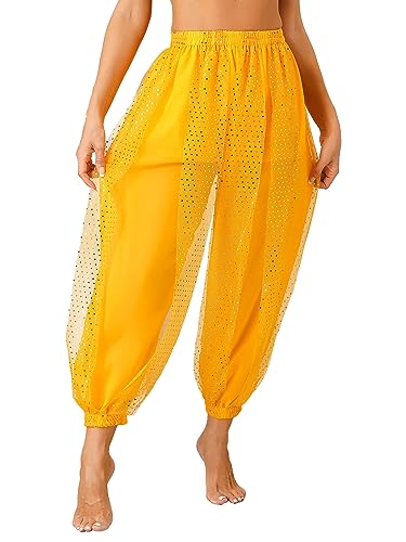 CHICTRY Bauchtanz Haremshose Damen Chiffon Tribal Arabisch Hose Pailletten Glänzend Lose Bauchtanz Kostüm Pumphose für Bauchtanz Yoga Pilates Party Gelb A Einheitsgröße von CHICTRY