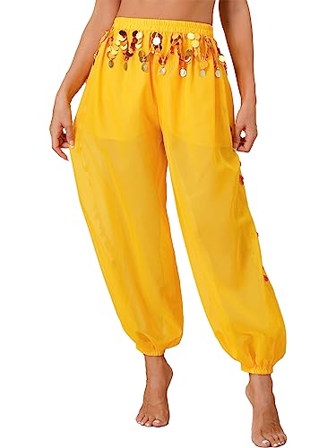 CHICTRY Bauchtanz Haremshose Damen Chiffon Tribal Arabisch Hose Pailletten Glänzend Lose Bauchtanz Kostüm Pumphose für Bauchtanz Yoga Pilates Party Gelb Einheitsgröße von CHICTRY