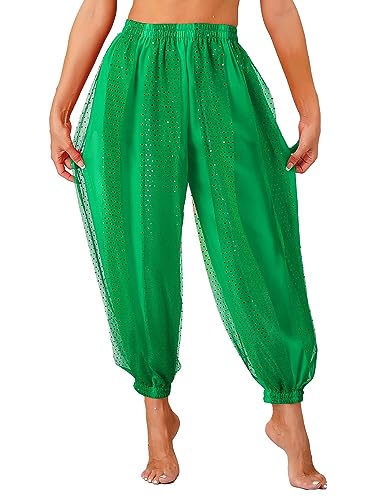 CHICTRY Bauchtanz Haremshose Damen Chiffon Tribal Arabisch Hose Pailletten Glänzend Lose Bauchtanz Kostüm Pumphose für Bauchtanz Yoga Pilates Party Grün A Einheitsgröße von CHICTRY